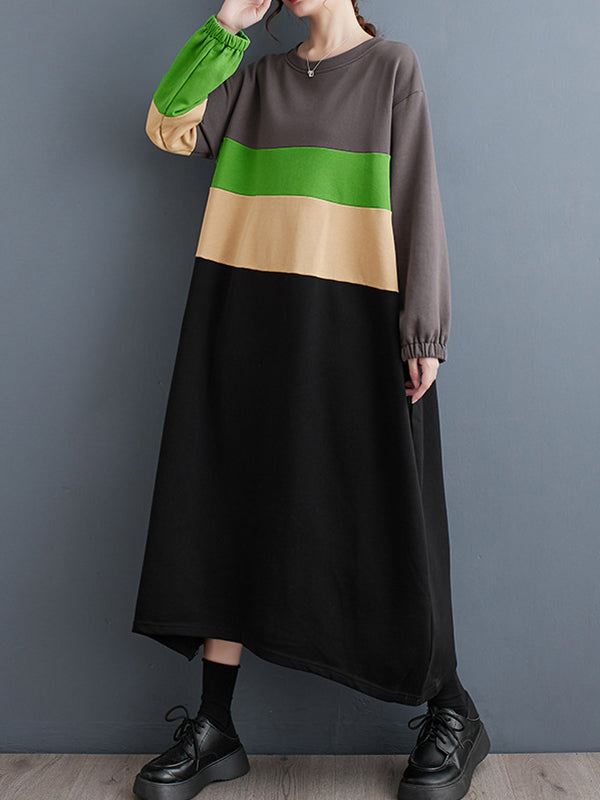 A-Line Long Sleeves Contrast Color Elasticity Split-Joint Round-Neck Midi Dresses