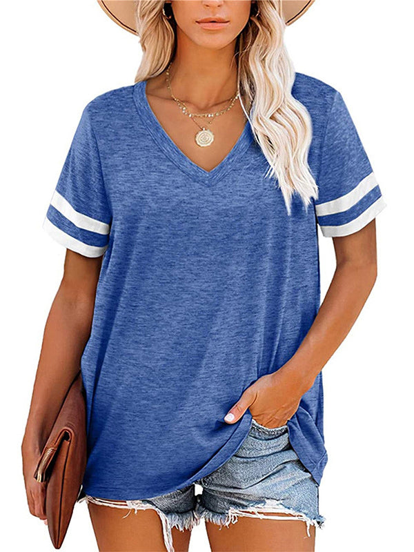 Loose Short Sleeves Contrast Color Striped V-Neck T-Shirts