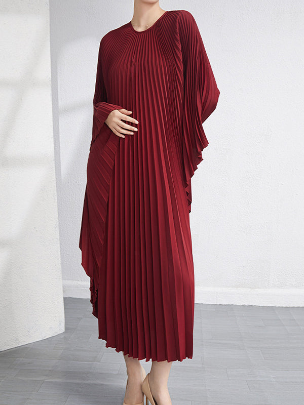 Batwing Sleeves Loose Pleated Solid Color Maxi Dresses