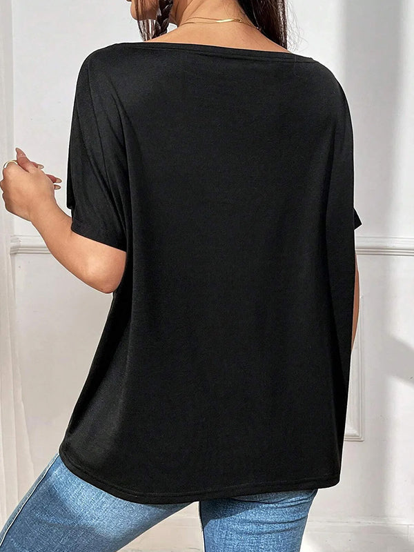 Batwing Sleeves Loose Rhinestone Split-Joint One-Shoulder T-Shirts