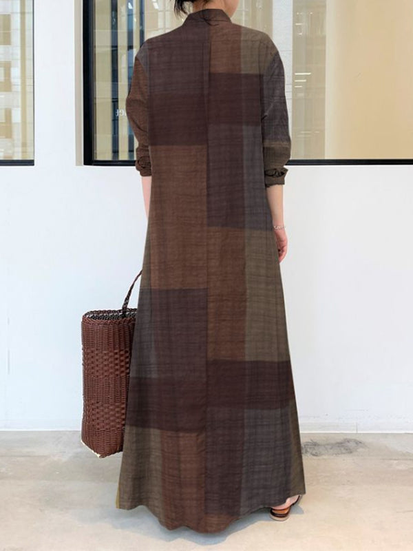 Long Sleeves Loose Plaid Pockets Lapel Maxi Dresses Shirt Dress