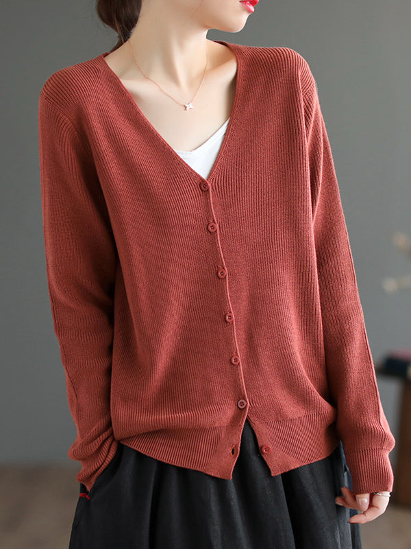 Long Sleeves Loose Solid Color V-Neck Cardigan Tops