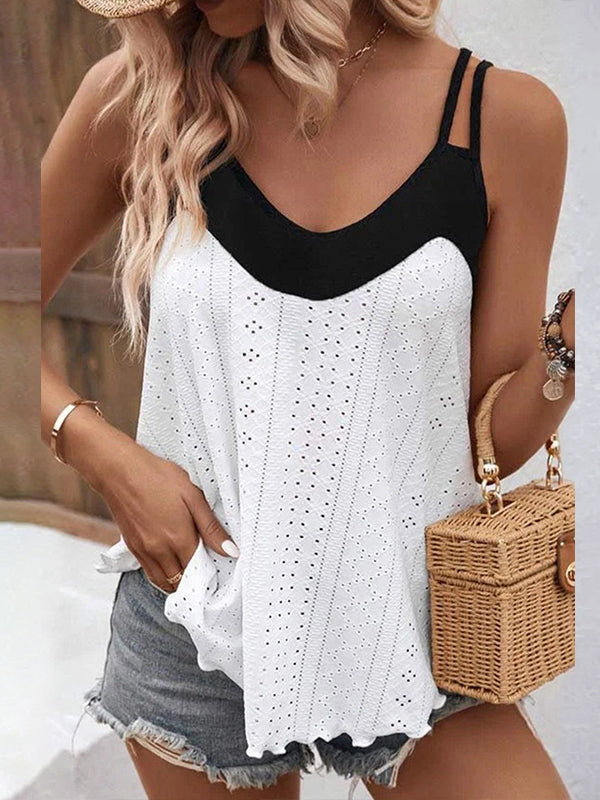 Loose Sleeveless Contrast Color Hollow Split-Joint Spaghetti-Neck Vest Top