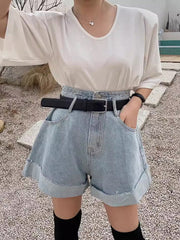 High Waisted Loose Belted Buttoned Pockets Split-Joint Denim Shorts