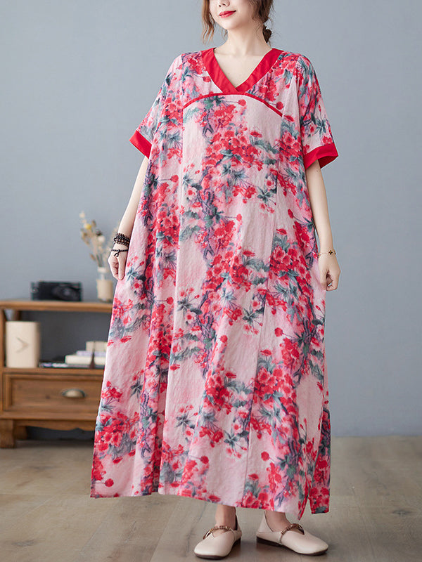 Loose Artistic Retro Floral Printed Split-Joint V-Neck Midi Dress