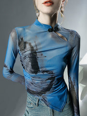 Long Sleeves Plus Size Asymmetric Hollow Mesh See-Through Wash Painting Mock Neck T-Shirts Tops