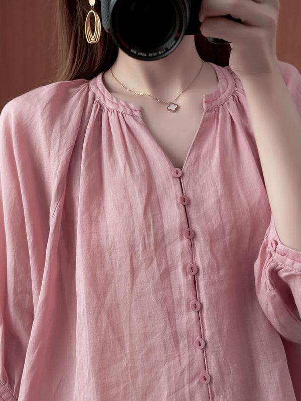 Simple Casual Solid Buttoned Pleated Blouse