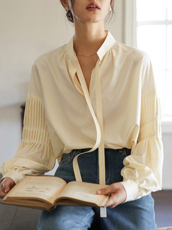 Long Sleeves Loose Pleated Solid Color Tied Mock Neck Blouses&Shirts Tops