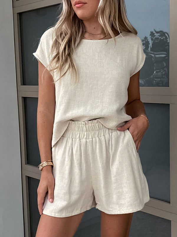 Loose Sleeveless Solid Color Split-Joint Round-Neck Vest Top + Elasticity Shorts Bottom Two Pieces Set