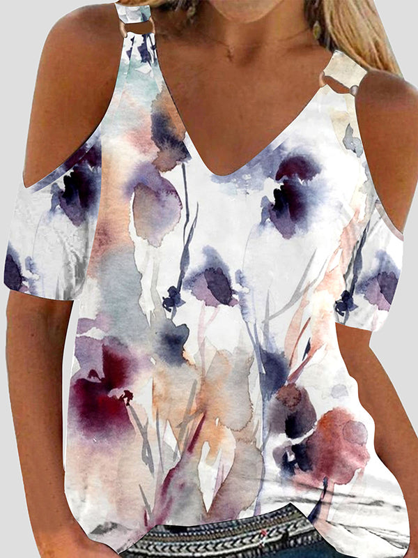 Loose Short Sleeves Flower Print Split-Joint Cold shoulder T-Shirts Tops