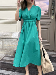 Loose Short Sleeves Drawstring Pleated Solid Color Split-Joint Tied Waist V-Neck Midi Dresses Shirt Dress