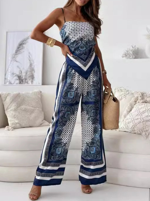 Fashion Printed Look-Younger Straps Vest Top & Casual Pants Bottoms Two Pieces Set