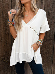 Batwing Sleeves High-Low Buttoned Split-Joint V-Neck T-Shirts Tops