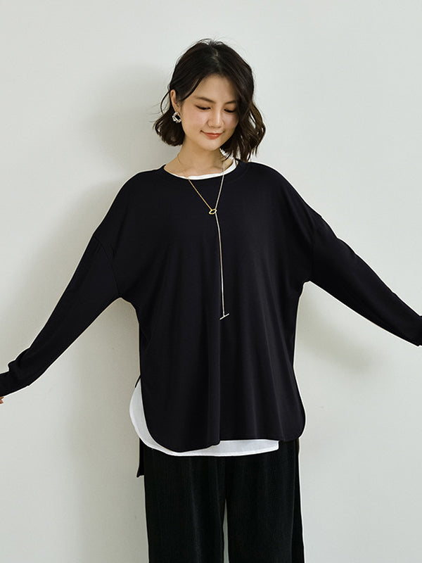 Simple Long Sleeves Loose Split-Side Solid Color Round-Neck T-Shirts Tops