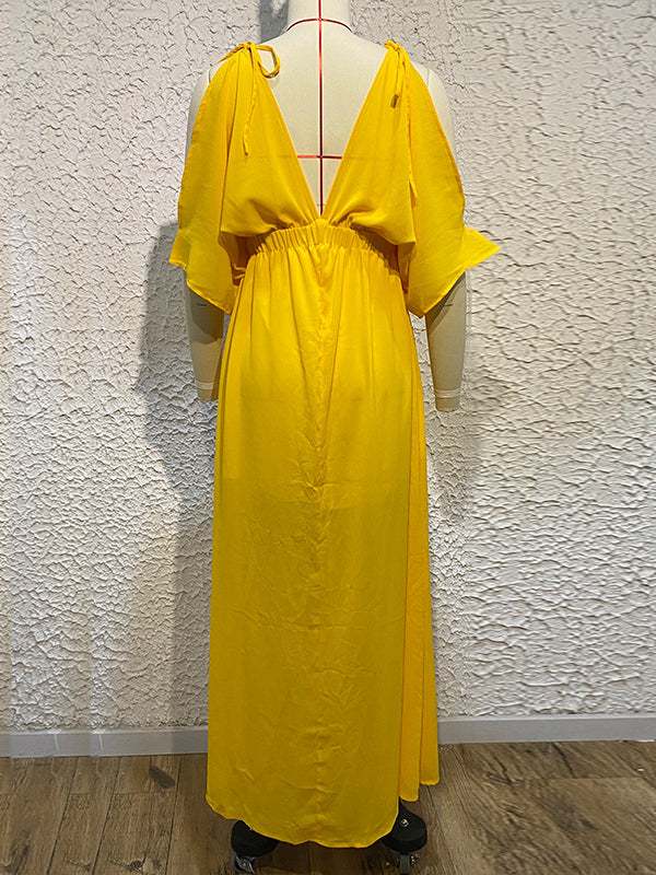 Batwing Sleeves Loose Solid Color Split-Front Deep V-Neck Maxi Dresses