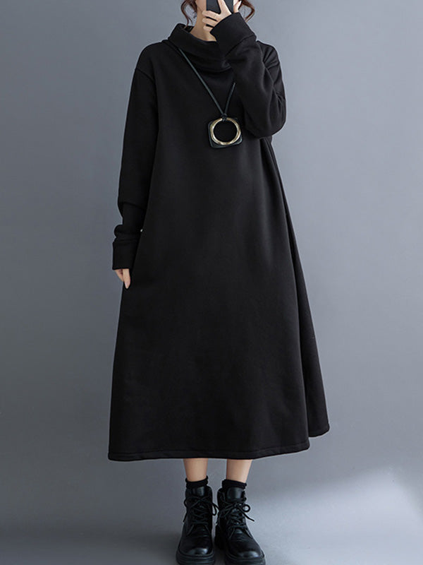 A-Line Long Sleeves Pockets Solid Color Split-Side Velvet High Neck Midi Dresses