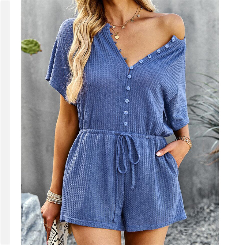 V-Neck Knitted Solid Color Jumpsuit Shorts