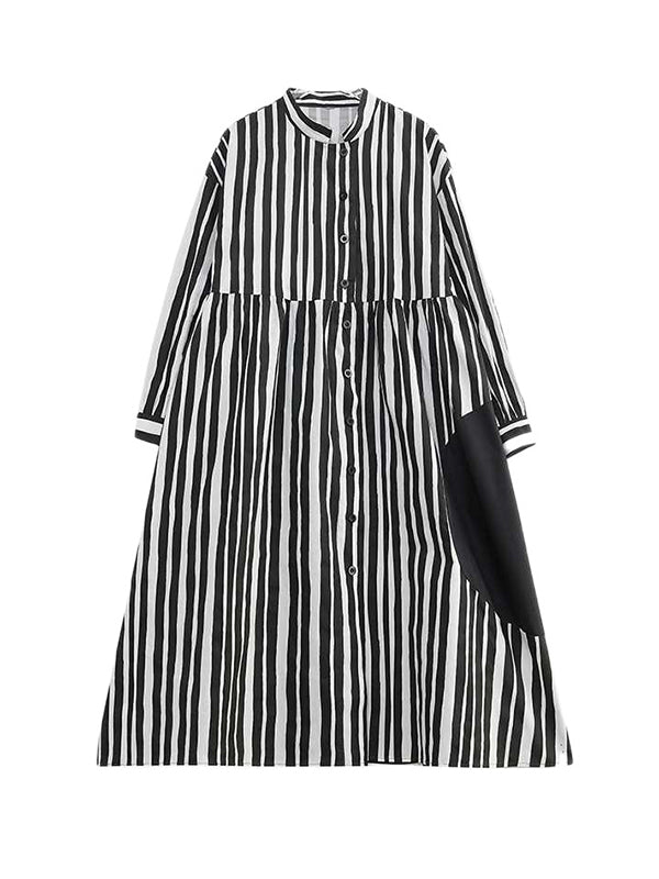 Long Sleeves Loose Buttoned Split-Joint Striped Mock Neck Midi Dresses