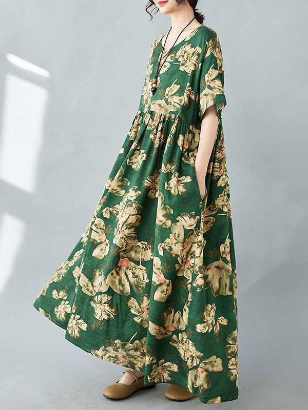 Half Sleeves Loose Flower Print Pleated Pockets Round-neck Midi Dresses