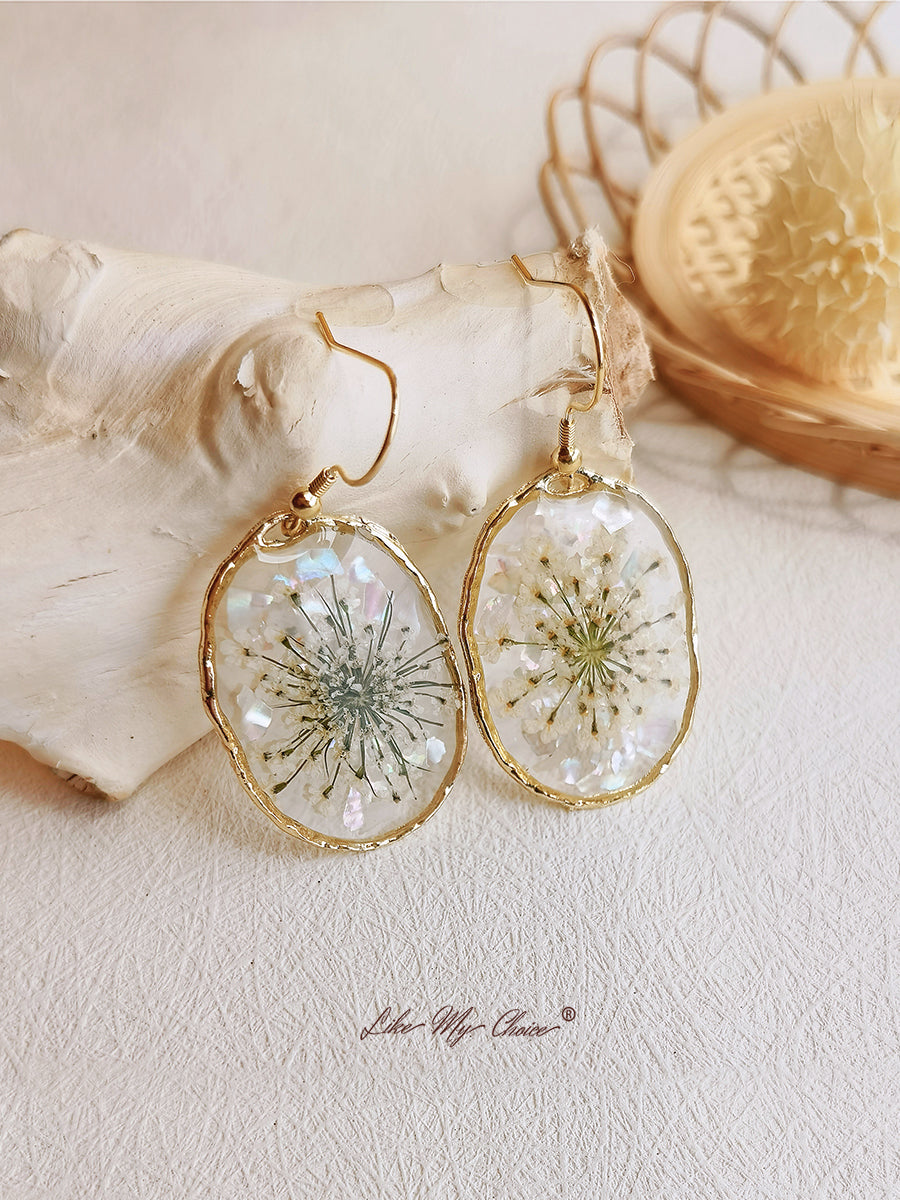 Pressed Flower Earrings - Queen Anne's Lace Flowers Ovar