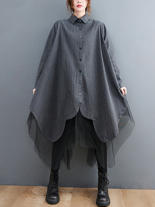 Loose Striped Gauze Split-Joint Lapel Long Dress