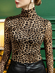 Stylish Selection Long Sleeves Skinny Leopard Half Turtleneck T-Shirts Tops