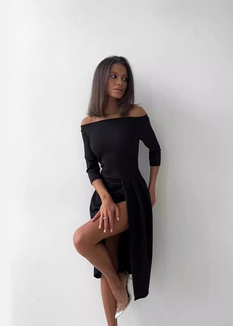 Elegant Off-Shoulder Slit Dress - Long Sleeve Waist Tie