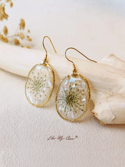 Pressed Flower Earrings - Queen Anne's Lace Flowers Ovar