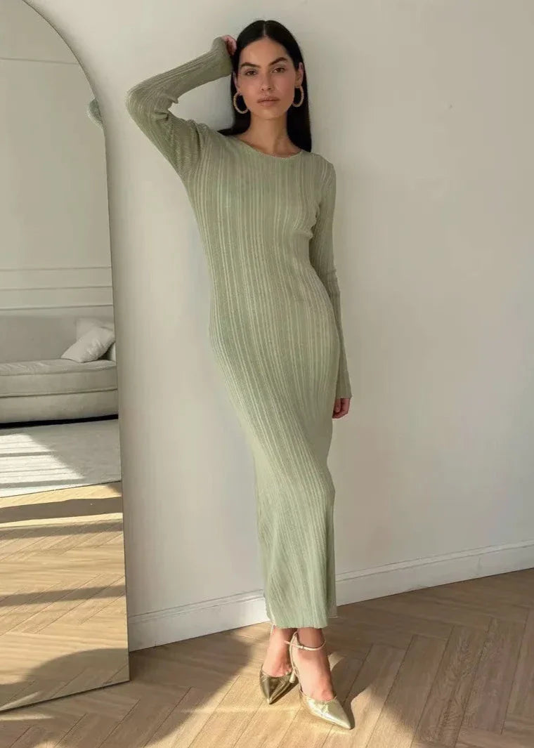 Elegant Ribbed Knit Long Sleeve Dress