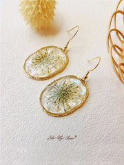 Pressed Flower Earrings - Queen Anne's Lace Flowers Ovar