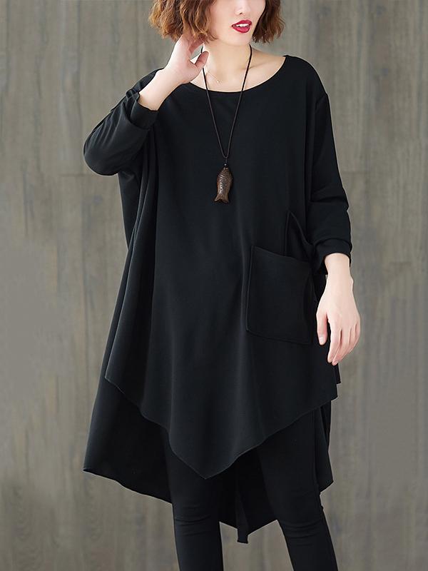 Loose Black Cropped Solid Long Sleeve T-Shirt