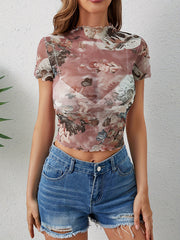 Short Sleeves Skinny Butterfly Print Figure Ruffle Trim See-Through Mock Neck T-Shirts Tops