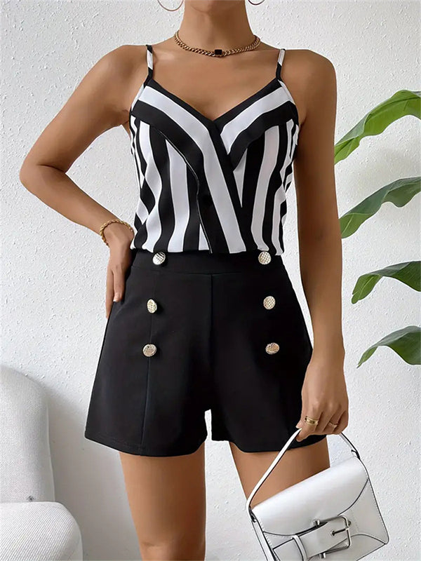 Loose Sleeveless Buttoned Split-Joint Striped Spaghetti-Neck Vest Top + Shorts Bottom Two Pieces Set