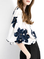 Loose Contrast Color Flower Print V-neck Blouses&shirts Tops