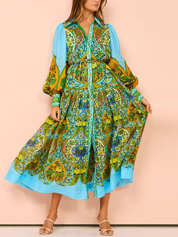 High Waisted Loose Puff Sleeves Belted Floral Printed Lapel Midi Dresses