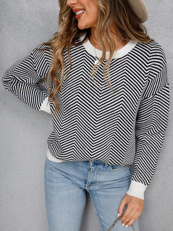 Long Sleeves Loose Striped Round-Neck Knitwear Pullovers Sweater Tops