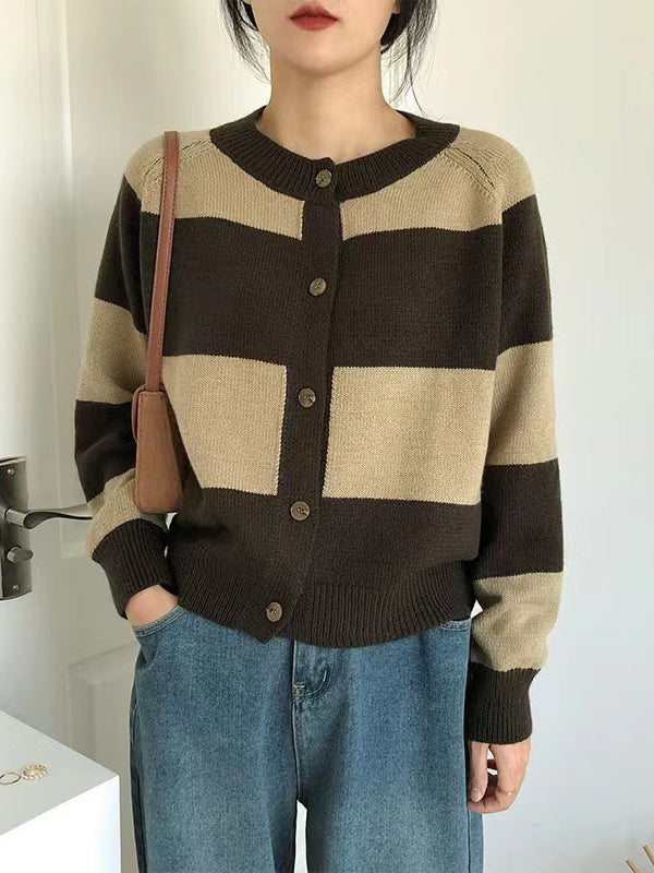 Casual Buttoned Contrast Color Striped Cardigan Tops