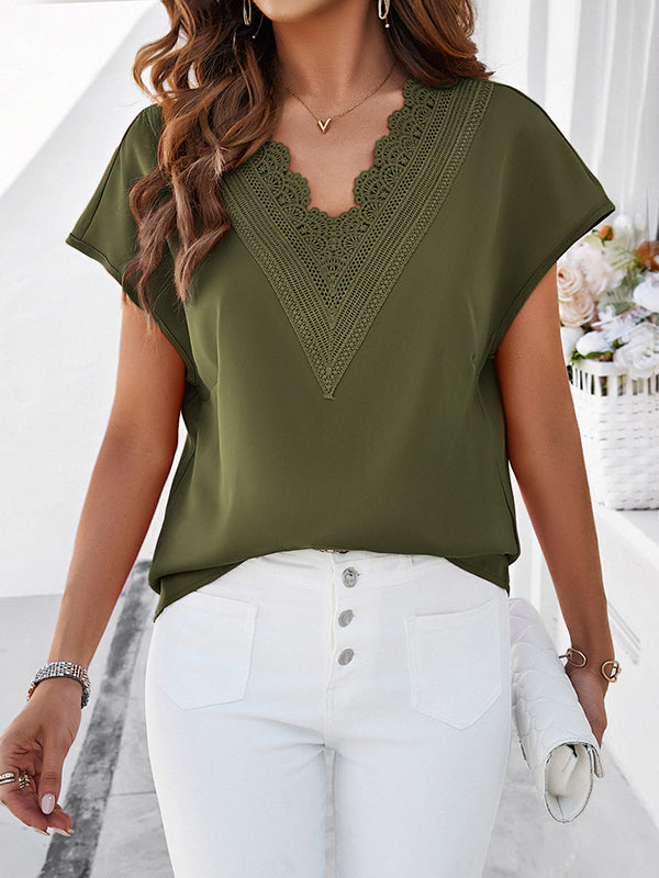 Loose Raglan Sleeve Embroidered Hollow Solid Color Split-Joint V-Neck T-Shirts Tops