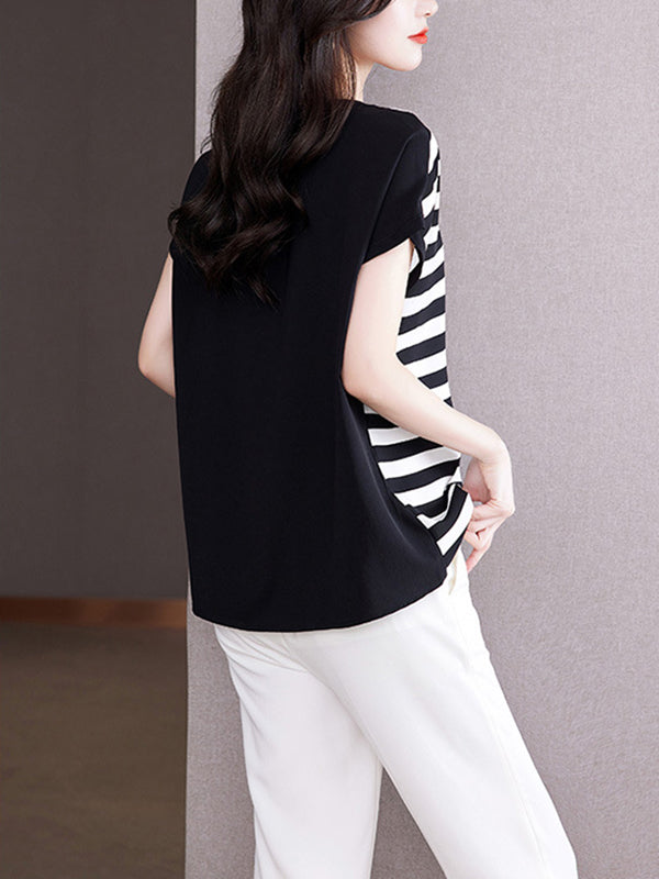 Loose Plus Size Contrast Color Striped Round-Neck T-Shirts