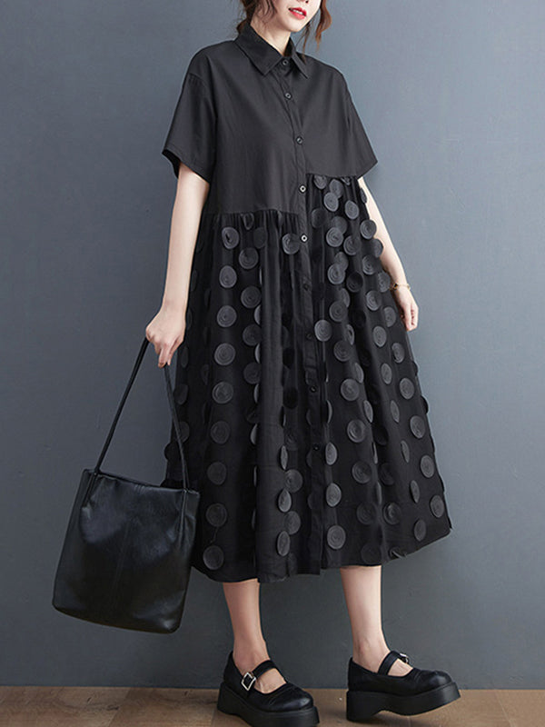 Original Casual Loose Polka-Dot Split-Joint Midi Shirt Dress