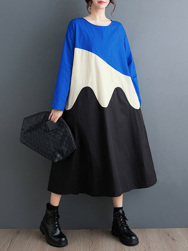 A-Line Long Sleeves Asymmetric Contrast Color Split-Joint Round-Neck Midi Dresses