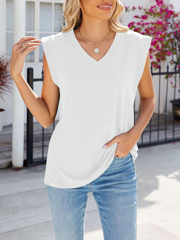 Cap Sleeve Solid Color V-neck T-Shirts Tops