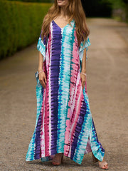 Batwing Sleeves Loose Contrast Color Printed Split-Side V-Neck Beach Cover-Up Maxi Dresses