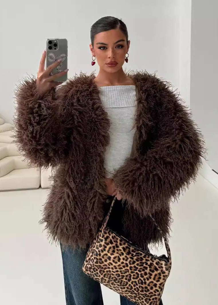 Textured Shaggy Faux Fur Jacket