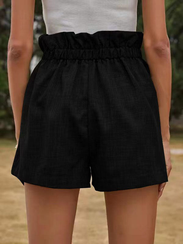 High Waisted Loose Drawstring Elasticity Pleated Solid Color Shorts Bottoms