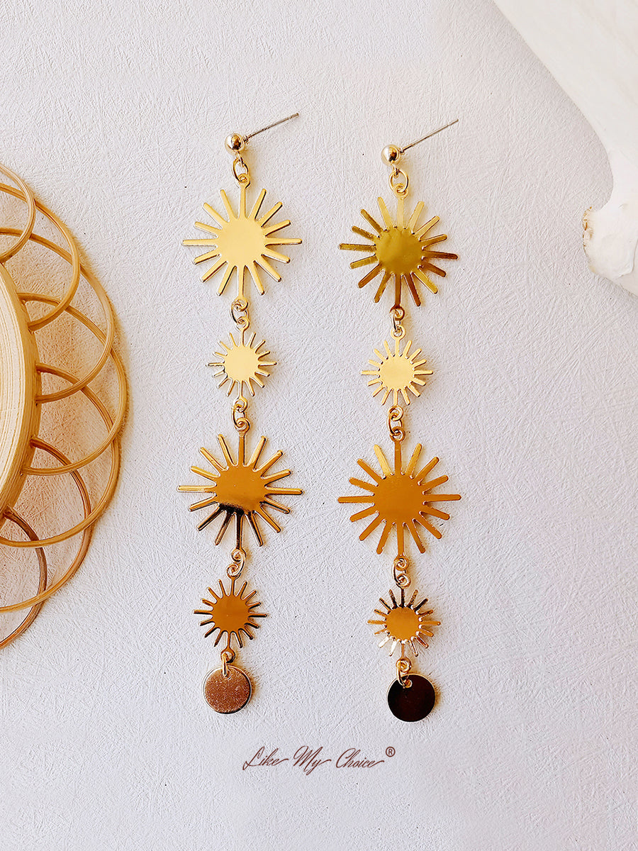 Gold Sun Long Drop Earrings