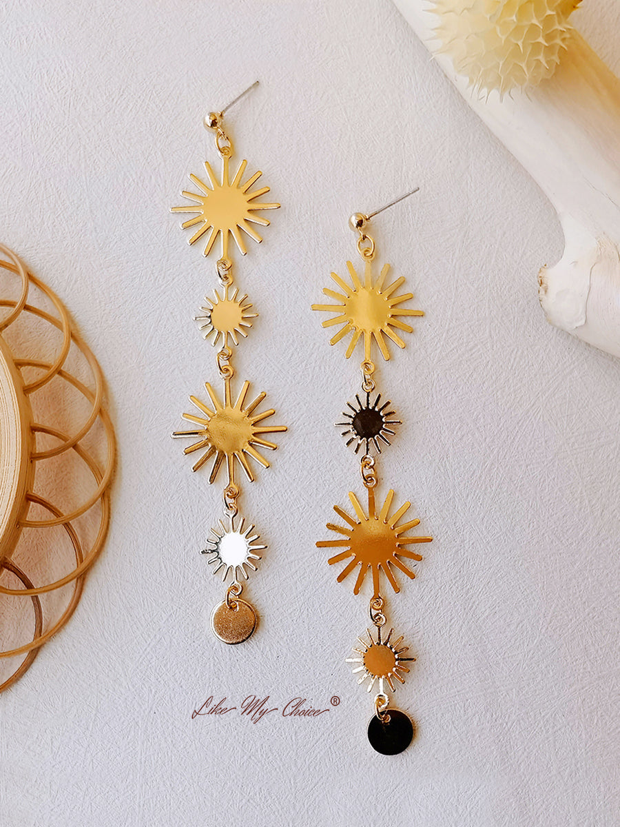 Gold Sun Long Drop Earrings