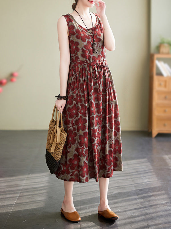 Loose Oversize Drawstring Floral Printed Round-Neck Midi Dresses