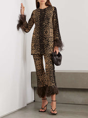 Long Sleeves Feathers Leopard Round-Neck Pants Pants Set T-Shirts Tops Two-Piece Sets