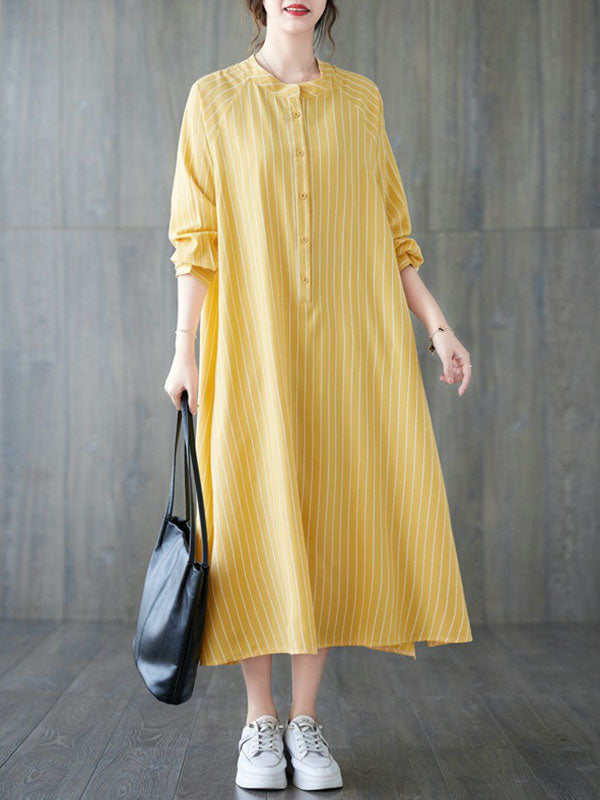 Long Sleeves Loose Buttoned Split-Side Striped Round-Neck Midi Dresses Shirt Dress